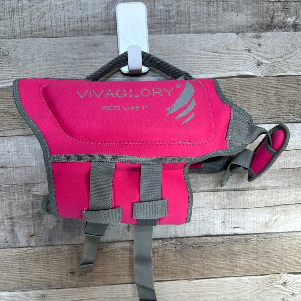 Vivaglory Dog Life Jacket sz M Pink Grey Adjustable Safety Vest with Handle 12in